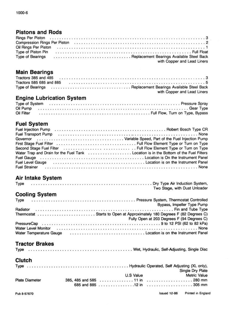 May include: A detailed technical diagram from a manual, featuring sections on pistons, bearings, fuel systems, and cooling systems. Includes measurements in inches and PSI. The document is labeled "1000-6" and printed in England.