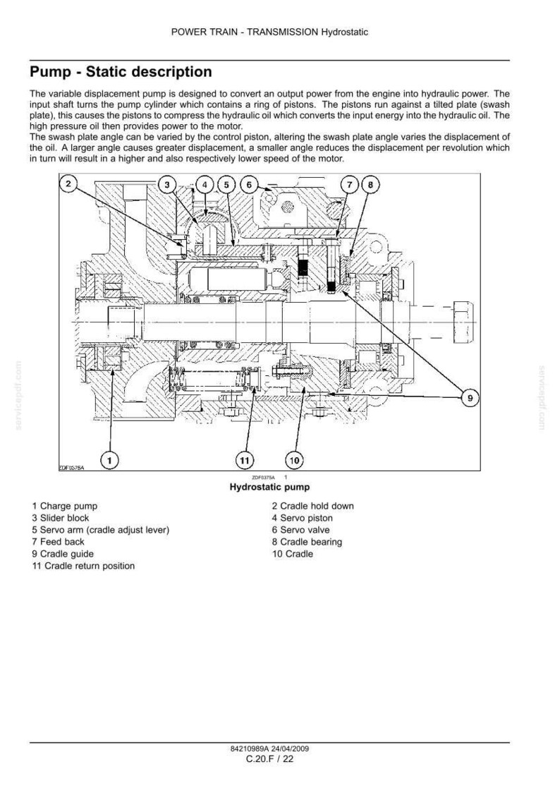 May include: Detailed schematic of a hydrostatic pump, labeled with component names and numbers. The diagram shows the internal workings of the pump, including pistons, valves, and a swash plate. Text describes the pump's function.