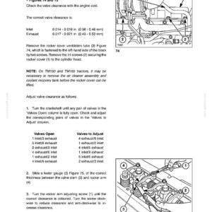 Op de afbeelding: Een pagina uit een technisch handboek getiteld LUBRICATION AND MAINTENANCE, SECTION 4, OPERATION 28, CHECK ENGINE VALVE CLEARANCE. Het bevat twee zwart-wit lijntekeningen, Figuur 74 en 75, die motoronderdelen en stappen voor klepafstelling tonen.