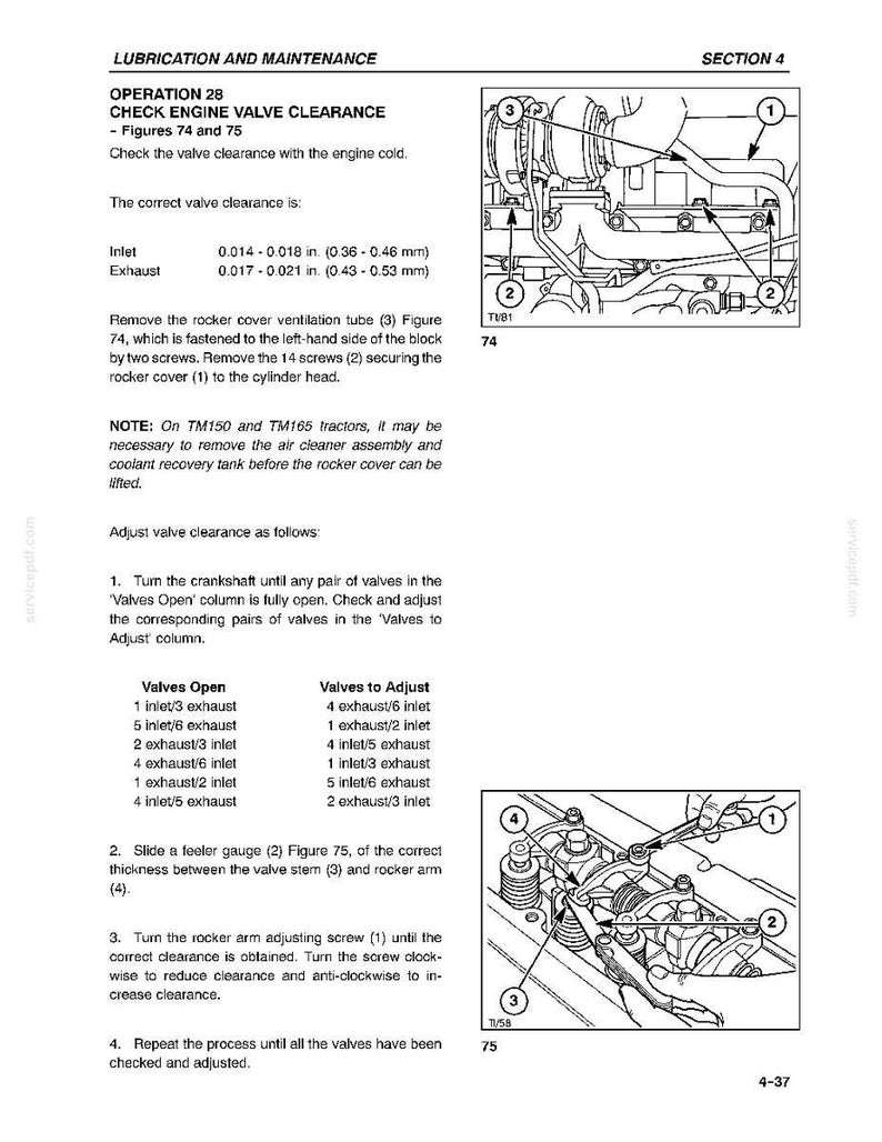 Op de afbeelding: Een pagina uit een technisch handboek getiteld LUBRICATION AND MAINTENANCE, SECTION 4, OPERATION 28, CHECK ENGINE VALVE CLEARANCE. Het bevat twee zwart-wit lijntekeningen, Figuur 74 en 75, die motoronderdelen en stappen voor klepafstelling tonen.