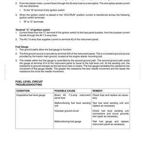 May include: A page from a manual detailing the fuel level circuit in a vehicle. The text explains the flow of current, ignition switch terminals, and fuel gauge operation. Troubleshooting steps are listed for an inoperative fuel level gauge.