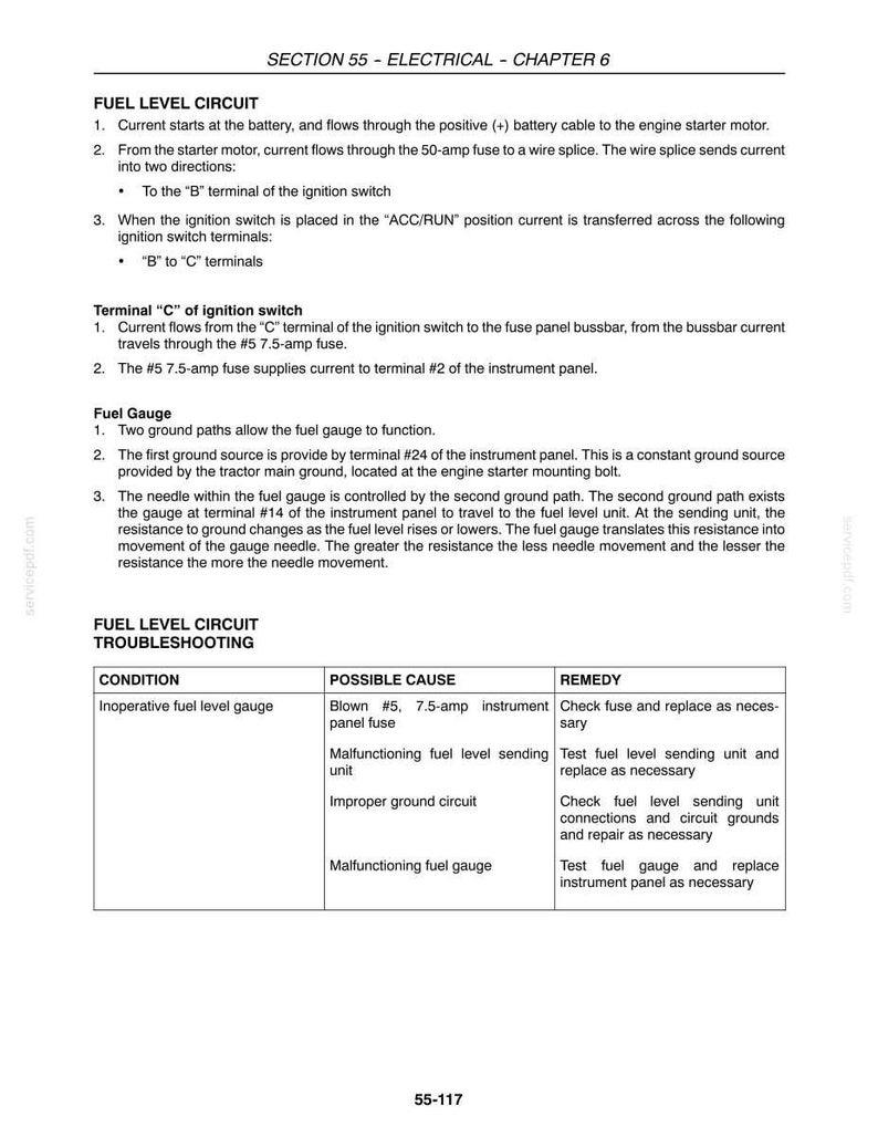 May include: A page from a manual detailing the fuel level circuit in a vehicle. The text explains the flow of current, ignition switch terminals, and fuel gauge operation. Troubleshooting steps are listed for an inoperative fuel level gauge.