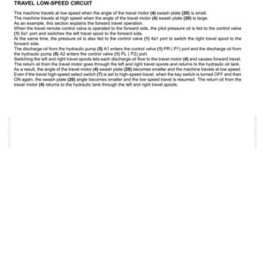 Puede incluir: Un diagrama t&eacute;cnico titulado "Hydraulic systems - Hydraulic schema (Travel circuit)" con texto que explica el funcionamiento del circuito de baja velocidad de desplazamiento. El documento incluye medidas en cm y es de servicepdf.com.