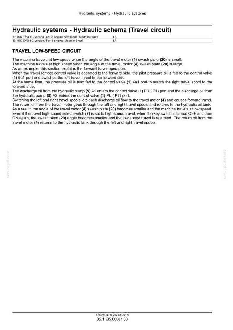 Puede incluir: Un diagrama t&eacute;cnico titulado "Hydraulic systems - Hydraulic schema (Travel circuit)" con texto que explica el funcionamiento del circuito de baja velocidad de desplazamiento. El documento incluye medidas en cm y es de servicepdf.com.