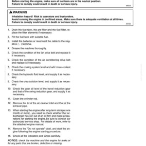 May include: A page from a maintenance manual with the title "Starting up the machine." The page includes safety warnings and a numbered list of procedures, such as draining the fuel tank and checking fluid levels. The text is in black font on a white background.