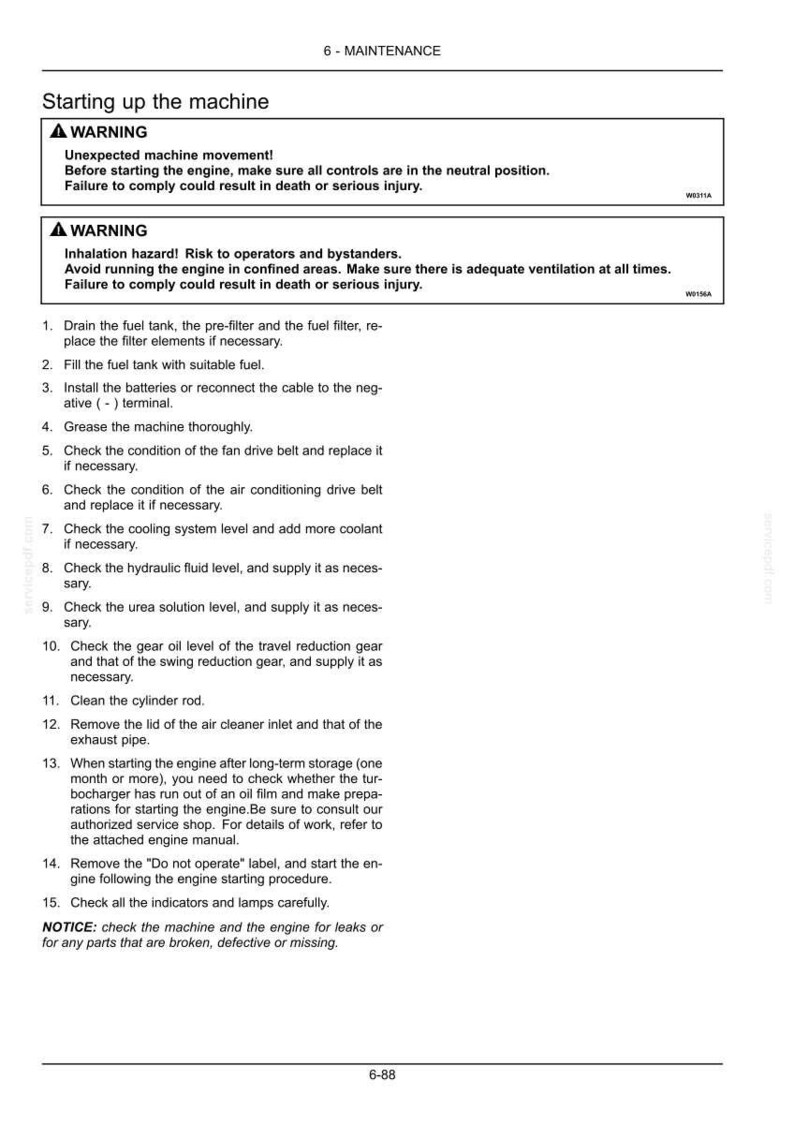May include: A page from a maintenance manual with the title "Starting up the machine." The page includes safety warnings and a numbered list of procedures, such as draining the fuel tank and checking fluid levels. The text is in black font on a white background.