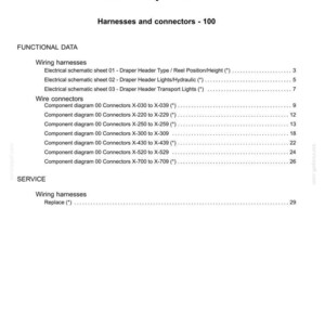 May include: A white document titled "Contents" with sections on electrical systems, harnesses, and connectors. The document lists wiring harnesses, wire connectors, and service information, including component diagrams and electrical schematics.