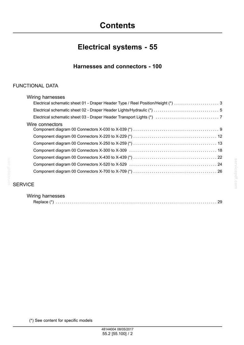 May include: A white document titled "Contents" with sections on electrical systems, harnesses, and connectors. The document lists wiring harnesses, wire connectors, and service information, including component diagrams and electrical schematics.