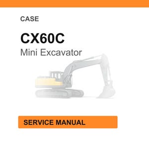 May include: A white background with an orange header and footer. The text "CASE" is at the top, followed by "CX60C Mini Excavator" in bold black font. Below is a faded image of a mini excavator. The text "SERVICE MANUAL" is in an orange rectangle.