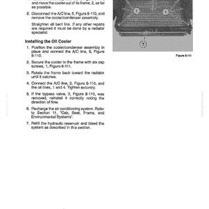 K&ouml;nnte beinhalten: Eine Seite aus einem Handbuch mit Anweisungen zur Installation eines &Ouml;lk&uuml;hlers. Der Text beschreibt die Schritte zum Aus- und Einbau des K&uuml;hlers, zusammen mit Diagrammen und Abbildungen. Die Seite stammt aus dem Abschnitt &uuml;ber Hydraulik- und Lenksysteme.