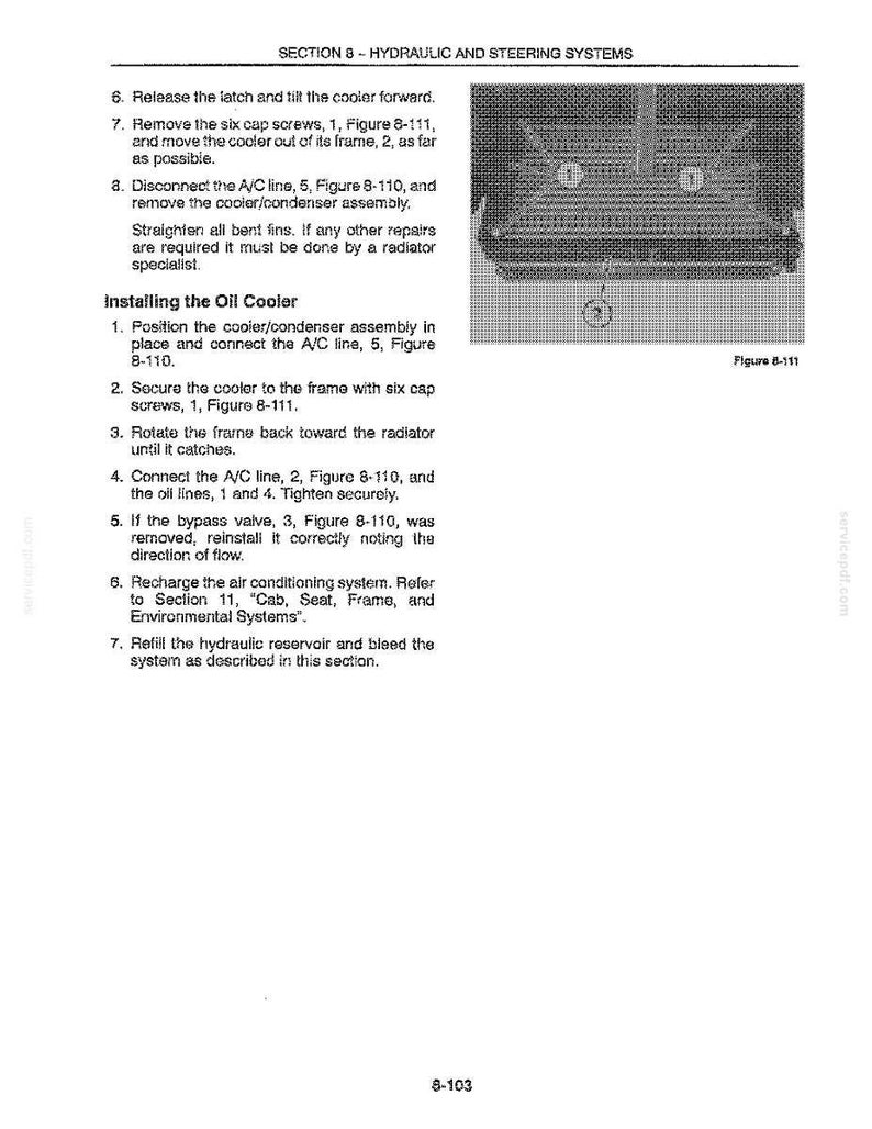 K&ouml;nnte beinhalten: Eine Seite aus einem Handbuch mit Anweisungen zur Installation eines &Ouml;lk&uuml;hlers. Der Text beschreibt die Schritte zum Aus- und Einbau des K&uuml;hlers, zusammen mit Diagrammen und Abbildungen. Die Seite stammt aus dem Abschnitt &uuml;ber Hydraulik- und Lenksysteme.