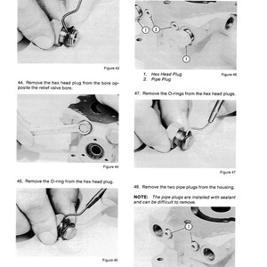 May include: A series of black and white instructional images detailing the removal of O-rings, hex head plugs, and pipe plugs from a mechanical component. Text and diagrams provide step-by-step instructions for disassembly.