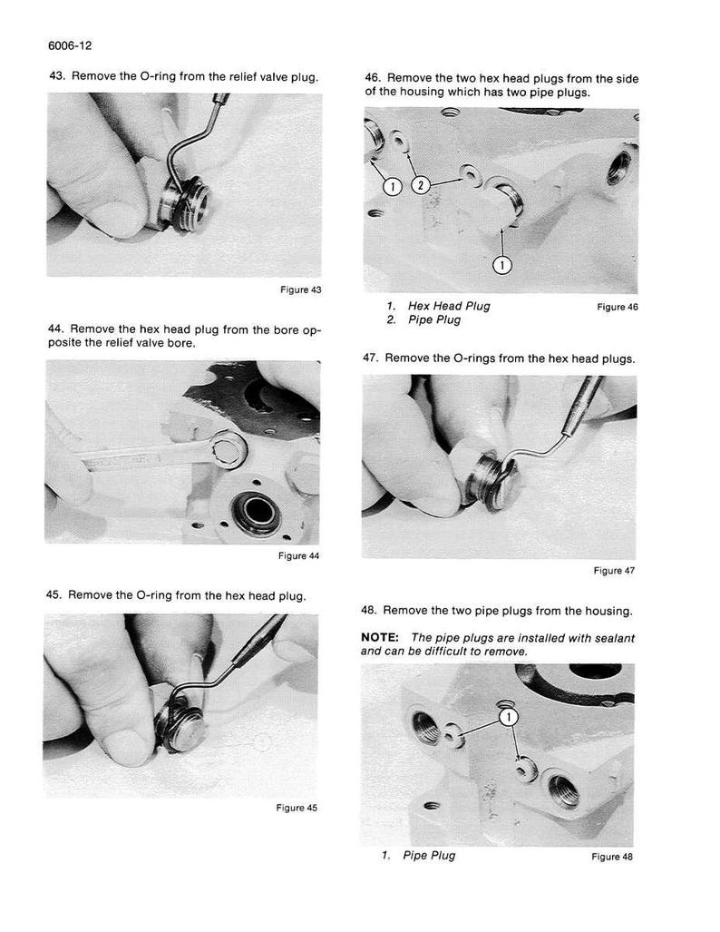 May include: A series of black and white instructional images detailing the removal of O-rings, hex head plugs, and pipe plugs from a mechanical component. Text and diagrams provide step-by-step instructions for disassembly.