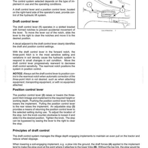 May include: Diagram of a rear three-point hitch system with labels for draft control lever (1), position control lever (2), and adjustable stop (3). Text describes the system's dynamic description and control functions.