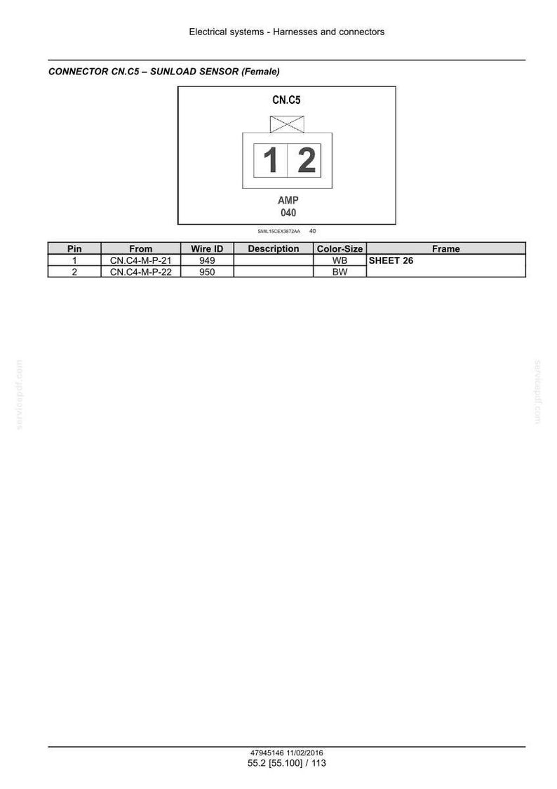 May include: Diagram of a CN.C5 connector, labeled as a SUNLOAD SENSOR (Female). The diagram includes a box with the numbers 1 and 2, and the text "AMP 040". A table below details pin, wire ID, description, color-size, and frame.