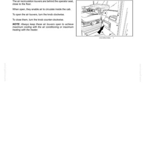 May include: A technical manual page titled 3 - CONTROLS AND INSTRUMENTS featuring REARWARD CONTROLS and Cab (Air recirculation louvers). It includes text instructions on operating the louvers and a black and white line drawing showing the location of the air recirculation louvers behind an operator seat with an arrow pointing to the component.
