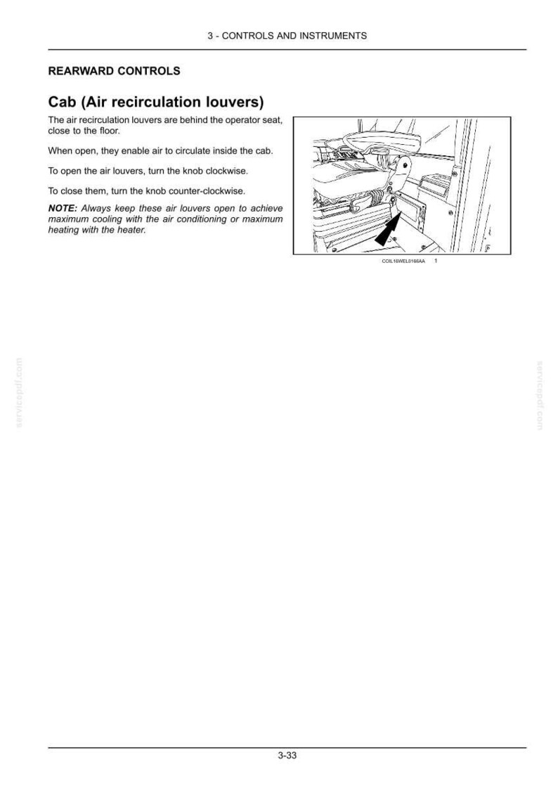 May include: A technical manual page titled 3 - CONTROLS AND INSTRUMENTS featuring REARWARD CONTROLS and Cab (Air recirculation louvers). It includes text instructions on operating the louvers and a black and white line drawing showing the location of the air recirculation louvers behind an operator seat with an arrow pointing to the component.