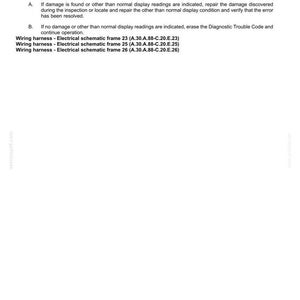 Pode incluir: Um documento branco com texto preto detalhando c&oacute;digos de falha para sistemas hidr&aacute;ulicos, pneum&aacute;ticos, el&eacute;tricos e eletr&ocirc;nicos. As instru&ccedil;&otilde;es incluem a inspe&ccedil;&atilde;o de chicotes, conectores e fia&ccedil;&atilde;o quanto a danos. O documento tamb&eacute;m lista os esquemas el&eacute;tricos dos chicotes.