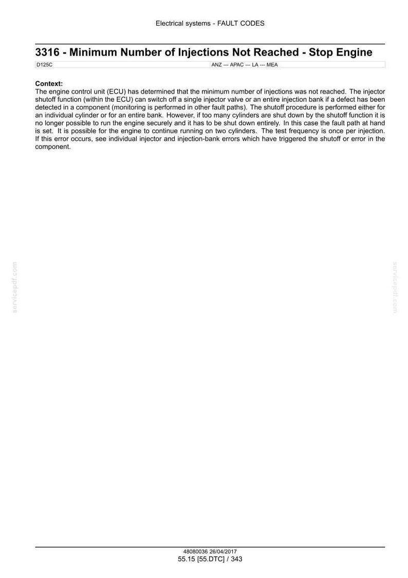 May include: A document titled "Electrical systems - FAULT CODES" with the text "3316 - Minimum Number of Injections Not Reached - Stop Engine." The text explains the context of the fault code.