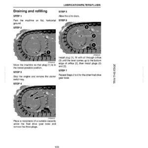 May include: A page from a manual detailing the process of draining and refilling fluids. The steps are illustrated with diagrams showing the location of plugs and orifices. The text includes instructions for each step, with labels and arrows.