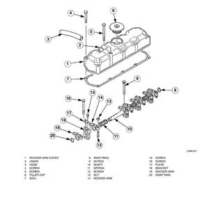 K&ouml;nnte beinhalten: Eine Explosionszeichnung einer Kipphebel- und Wellenbaugruppe mit Beschriftungen f&uuml;r jede Komponente. Das Diagramm umfasst eine Kipphebelabdeckung, Schrauben, einen Schlauch, eine Welle, Federn und einen Einf&uuml;lldeckel. Der Text oben lautet "ROCKER ARM AND SHAFT".