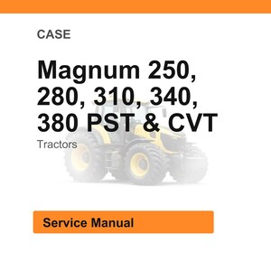 May include: Image of a Case Magnum tractor with the text "Magnum 250, 280, 310, 340, 380 PST & CVT" and the word "Tractors". Below the text is a button that says "Service Manual".