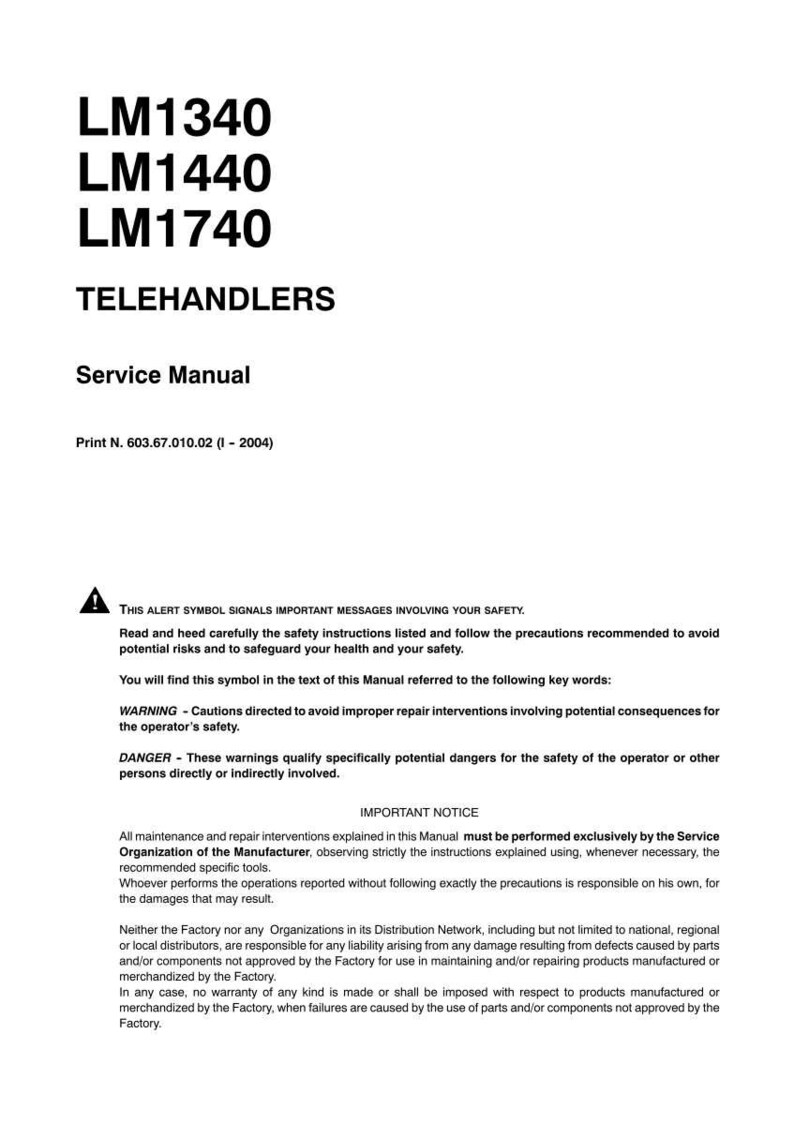 May include: A white service manual for Telehandlers, with the model numbers LM1340, LM1440, and LM1740. The manual includes safety warnings and important notices. Print N. 603.67.010.02 (1-2004).