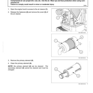May include: Diagram of an air cleaner cleaning process. The image includes labeled parts and instructions, with a warning about flying debris and the use of compressed air. The text includes safety precautions and steps for cleaning.