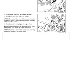 K&ouml;nnte beinhalten: Eine Seite aus einem Wartungshandbuch mit Diagrammen und Anweisungen. Der Text enth&auml;lt Schritte zum L&ouml;sen und Schlie&szlig;en von K&uuml;hlmittelablassstopfen und Entl&uuml;ftungsstopfen an einem Motor. Diagramme zeigen Motorkomponenten mit nummerierten Etiketten.
