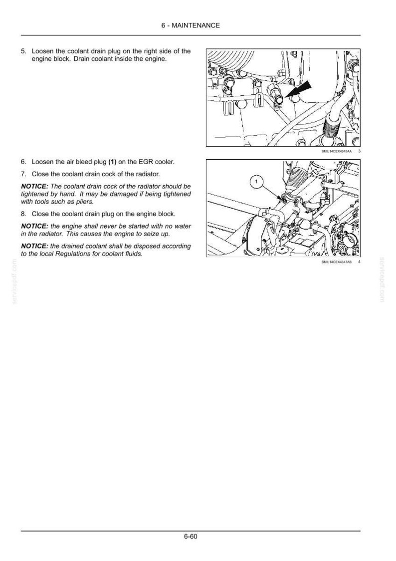 K&ouml;nnte beinhalten: Eine Seite aus einem Wartungshandbuch mit Diagrammen und Anweisungen. Der Text enth&auml;lt Schritte zum L&ouml;sen und Schlie&szlig;en von K&uuml;hlmittelablassstopfen und Entl&uuml;ftungsstopfen an einem Motor. Diagramme zeigen Motorkomponenten mit nummerierten Etiketten.