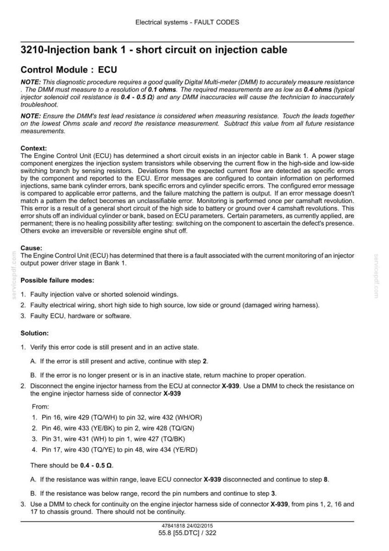 Puede incluir: Documento t&eacute;cnico que detalla el c&oacute;digo de error 3210, un cortocircuito en un cable de inyecci&oacute;n. Incluye pasos para la soluci&oacute;n de problemas, posibles causas como cableado defectuoso o la ECU, y mediciones requeridas con un mult&iacute;metro digital.
