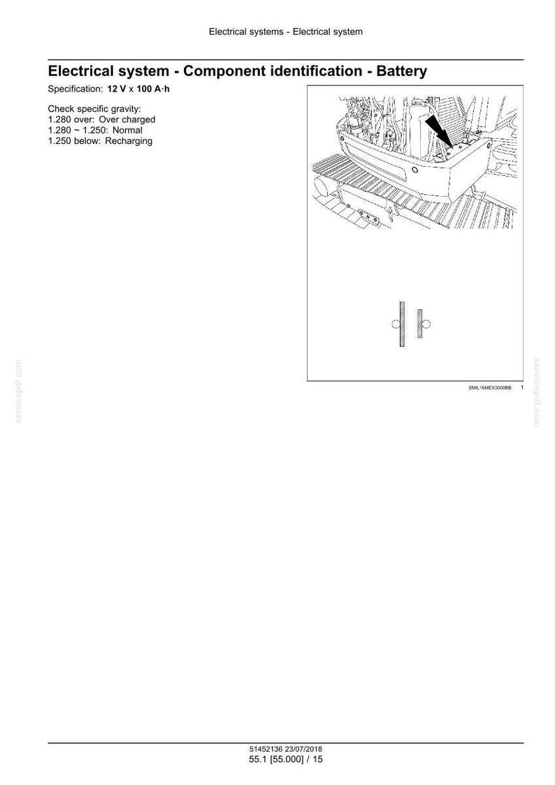 May include: Diagram of an electrical system component identification for a battery. The specification is 12 V x 100 A-h. The text includes specific gravity check details: 1.280 over: Overcharged, 1.280-1.250: Normal, and 1.250 below: Recharging.