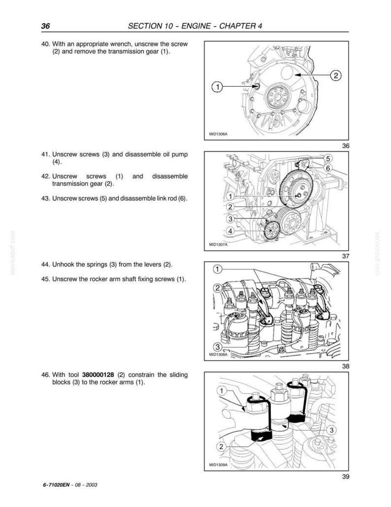 May include: Diagrams from a manual showing engine components and assembly instructions. The images include labeled parts, such as screws, gears, and springs, with corresponding numbers for identification. Text includes "SECTION 10 - ENGINE - CHAPTER 4".