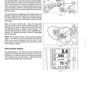 Pode incluir: Uma p&aacute;gina de manual t&eacute;cnico intitulada 6-WORKING OPERATIONS com diagramas de controles de trator, incluindo interruptores numerados, um bot&atilde;o de controle de carga e um display digital de posi&ccedil;&atilde;o do engate com 8.4, 540 e 75%.