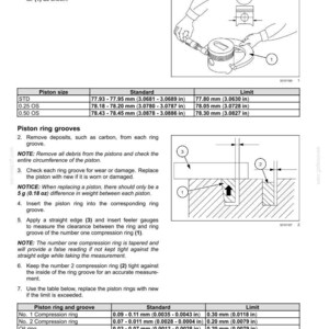 May include: Diagram of piston measurement instructions. Includes a diagram of a piston with measurements in millimeters and inches. The text includes instructions for measuring the piston's diameter and ring grooves.