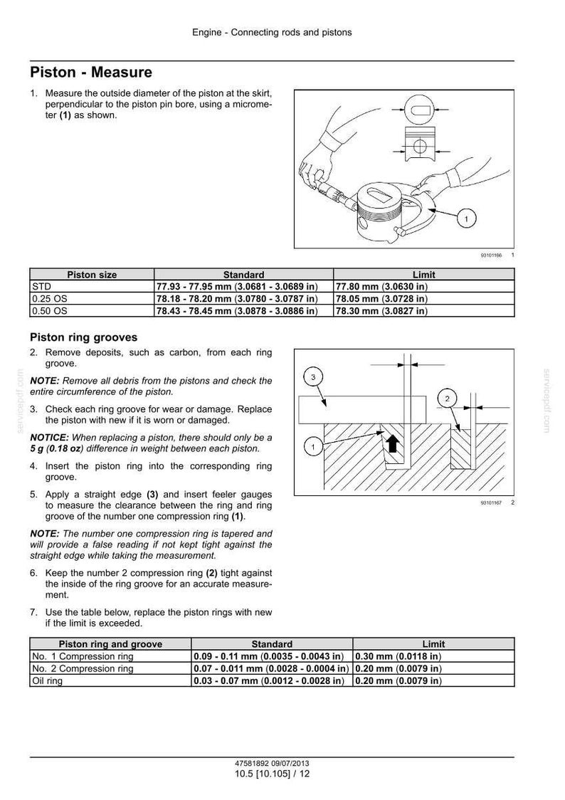 May include: Diagram of piston measurement instructions. Includes a diagram of a piston with measurements in millimeters and inches. The text includes instructions for measuring the piston's diameter and ring grooves.
