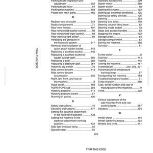 May include: A page from an alphabetical index, featuring a list of terms related to machinery and equipment. The text is in black font on a white background, with terms like "Parking brake" and "Transmission".
