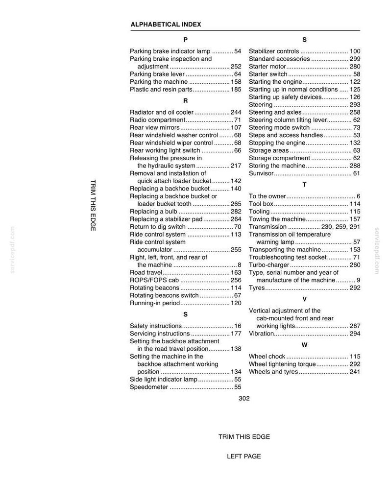May include: A page from an alphabetical index, featuring a list of terms related to machinery and equipment. The text is in black font on a white background, with terms like "Parking brake" and "Transmission".