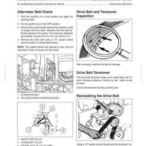 May include: A page from a maintenance manual detailing alternator belt and air conditioning compressor belt service. Includes diagrams of belt inspection, tensioner, and reinstallation, with measurements in inches.