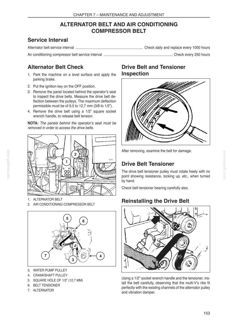 May include: A page from a maintenance manual detailing alternator belt and air conditioning compressor belt service. Includes diagrams of belt inspection, tensioner, and reinstallation, with measurements in inches.