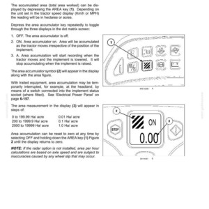 May include: A technical manual page titled 3-CONTROLS AND INSTRUMENTS detailing the Area Accumulator function. It features diagrams of a control panel with numbered keys and a digital display showing the text ON and 0.00 with a striped icon.