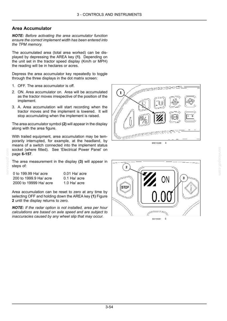 May include: A technical manual page titled 3-CONTROLS AND INSTRUMENTS detailing the Area Accumulator function. It features diagrams of a control panel with numbered keys and a digital display showing the text ON and 0.00 with a striped icon.