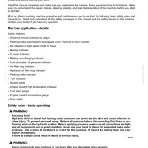 May include: A white document with black text detailing safety information and machine application details. Includes warnings about escaping fluids and disengaging drive systems. The document is labeled "2 - SAFETY INFORMATION."