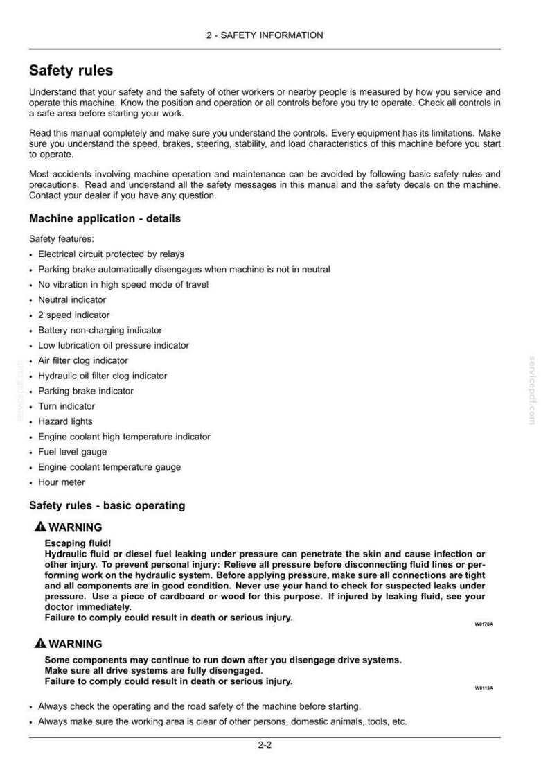 May include: A white document with black text detailing safety information and machine application details. Includes warnings about escaping fluids and disengaging drive systems. The document is labeled "2 - SAFETY INFORMATION."
