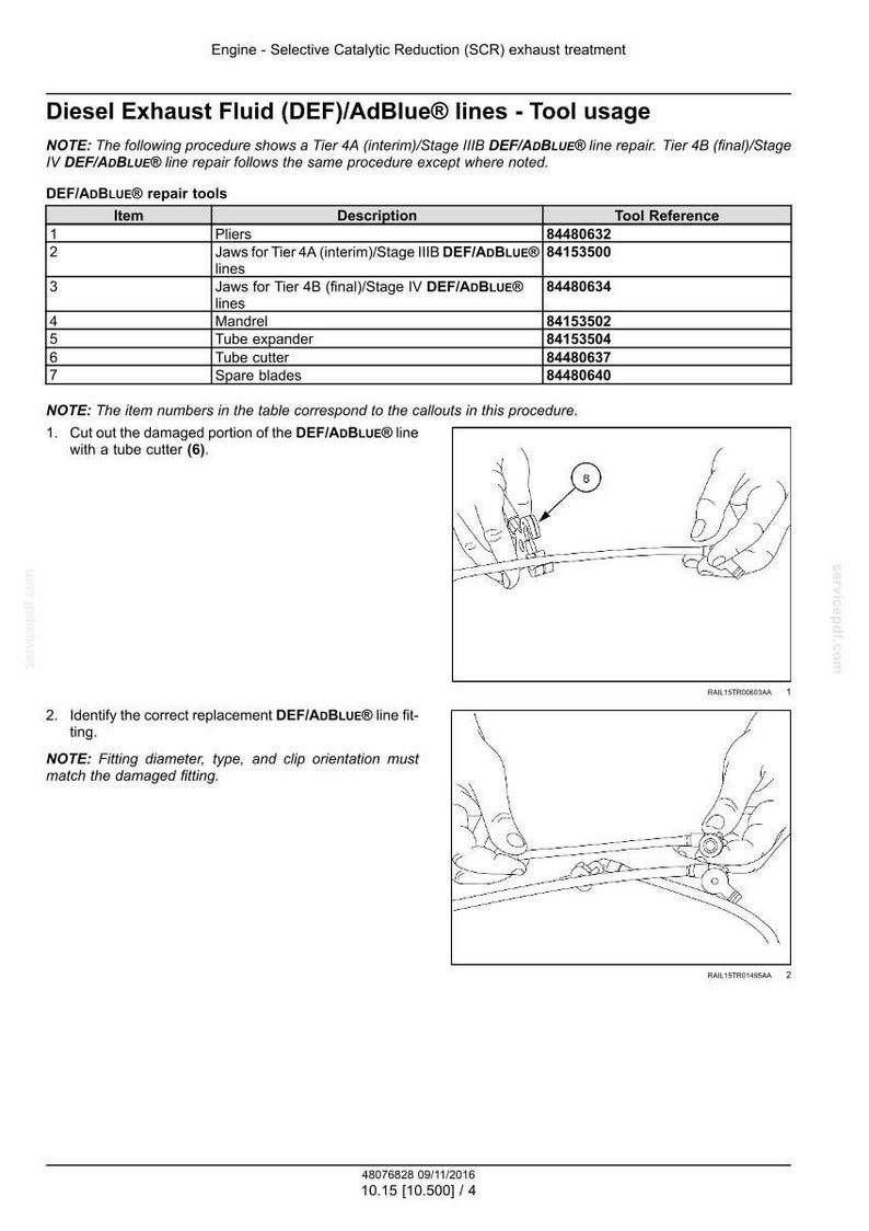 May include: Diagram of Diesel Exhaust Fluid (DEF)/AdBlue lines tool usage. Includes a table of repair tools with descriptions and tool references. Step-by-step instructions with illustrations for cutting and replacing DEF/AdBlue lines.