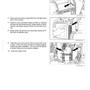 May include: Diagram of engine maintenance steps. Instructions include locating the filter handle, removing the secondary engine filter, installing a new air filter, and securing the cover. The image includes arrows pointing to specific parts.