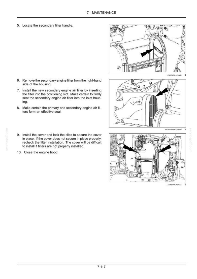 May include: Diagram of engine maintenance steps. Instructions include locating the filter handle, removing the secondary engine filter, installing a new air filter, and securing the cover. The image includes arrows pointing to specific parts.
