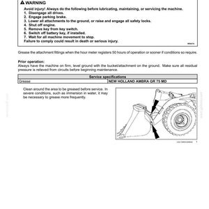 Pu&ograve; includere: Una pagina di manuale tecnico intitolata 7-MAINTENANCE, che dettaglia le istruzioni per gli ingrassatori di benne e accessori ogni 50 ore. Include un riquadro di avvertenza, le specifiche per il grasso New Holland Ambra GR 75 MD e un disegno di un trattore.