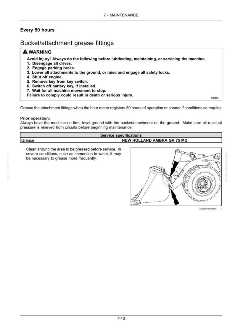 Pu&ograve; includere: Una pagina di manuale tecnico intitolata 7-MAINTENANCE, che dettaglia le istruzioni per gli ingrassatori di benne e accessori ogni 50 ore. Include un riquadro di avvertenza, le specifiche per il grasso New Holland Ambra GR 75 MD e un disegno di un trattore.