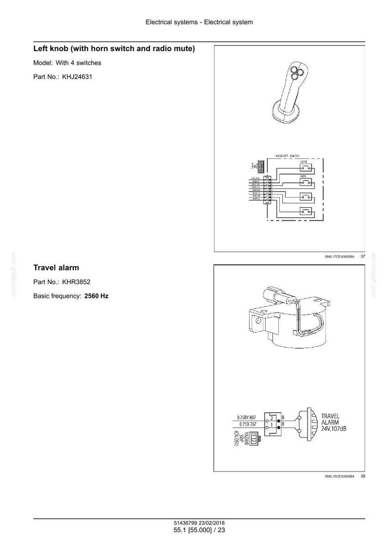May include: Diagram of electrical components, including a left knob with horn switch and radio mute, and a travel alarm. The diagram includes part numbers, model details, and basic frequency information. The text "Electrical systems - Electrical system" is at the top.